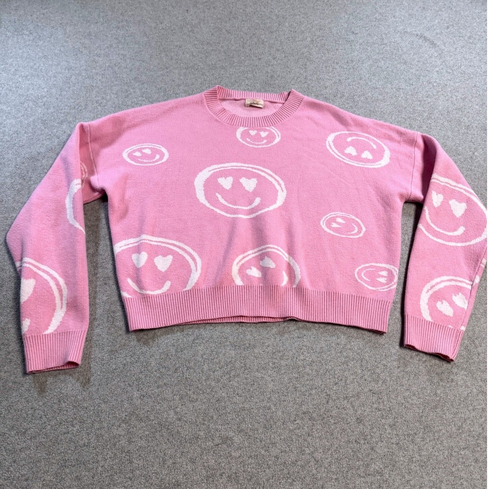 Tullabee Smiley Face Sweater Womens XL Pink Heart Eye Knit Pullover Relaxed‎
